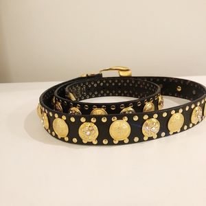 Auth GIANNI VERSACE medusa black leather gold belt